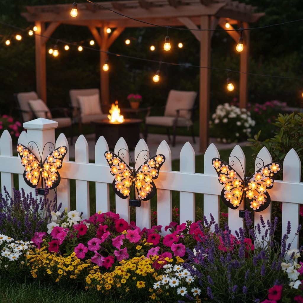 Solar Lights Outdoor Metal Butterfly Wall Decor with 30 Led - 13.5" Outdoor Fence Wall Art,Hanging Decoration for Garden Patio Porch Yard,Gifts for Women，Birthday Gifts for Mom Grandma