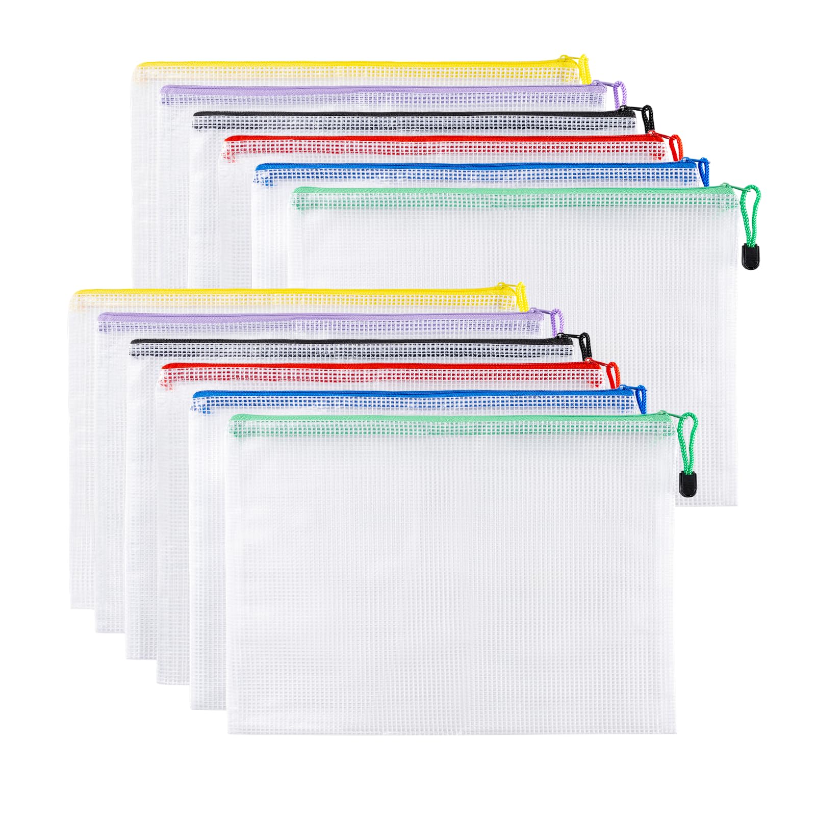 Carehabi Pack of 12 Document Bags with Zip, A4, Waterproof Document Case, File Zipper Bag, Mesh Plastic Zip Bag for Documents, Cosmetics, Travel Accessories