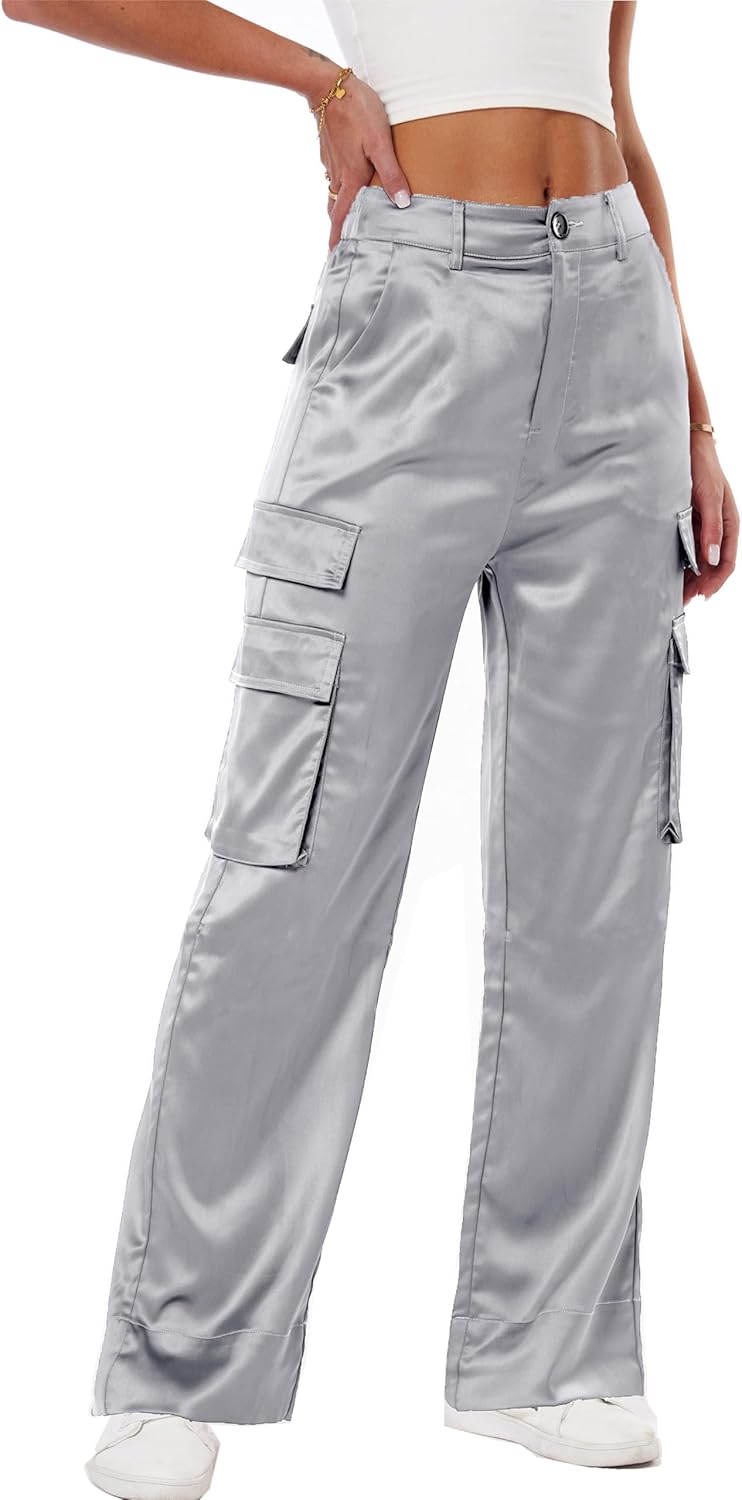 Women's Satin Cargo Wide Leg Pants Silky Party Dressy Casual Pocketed Pant Long Trouser - Image 3
