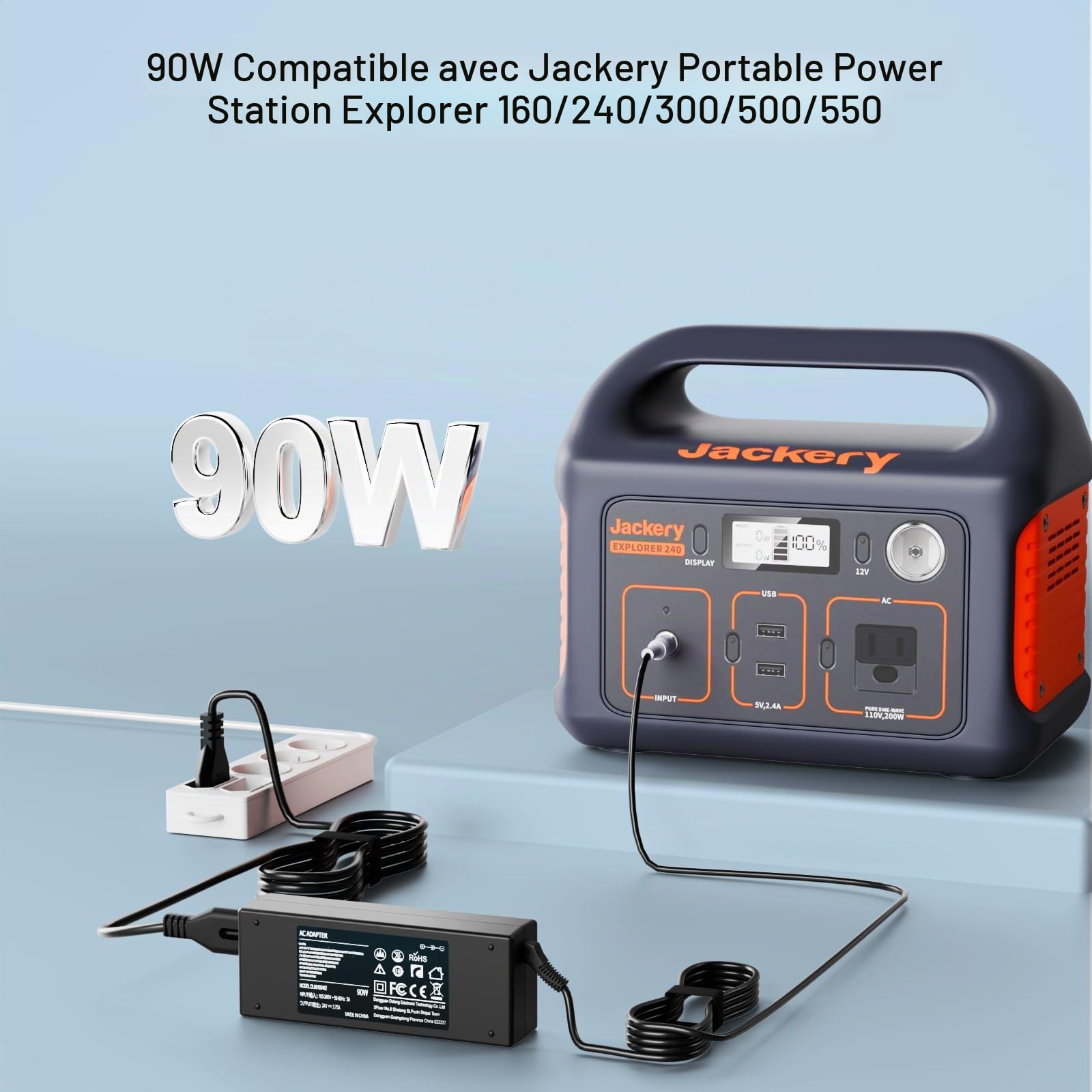 Chargeur 90W pour Jackery Explorer 160 240 300 500 550 E300 E500 E550 | Portable Power Station Générateur solaire 167Wh 240Wh 293Wh 518Wh Câble d'alimentation de batterie