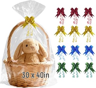 13 Pack Large Cellophane Bags, 30x40 Inch Cellophane Bags for Gift Baskets | Clear Gift Basket Wrap with 15 Colorful Pull Bows for Baby Showers, Raffles, and Charity Auctions