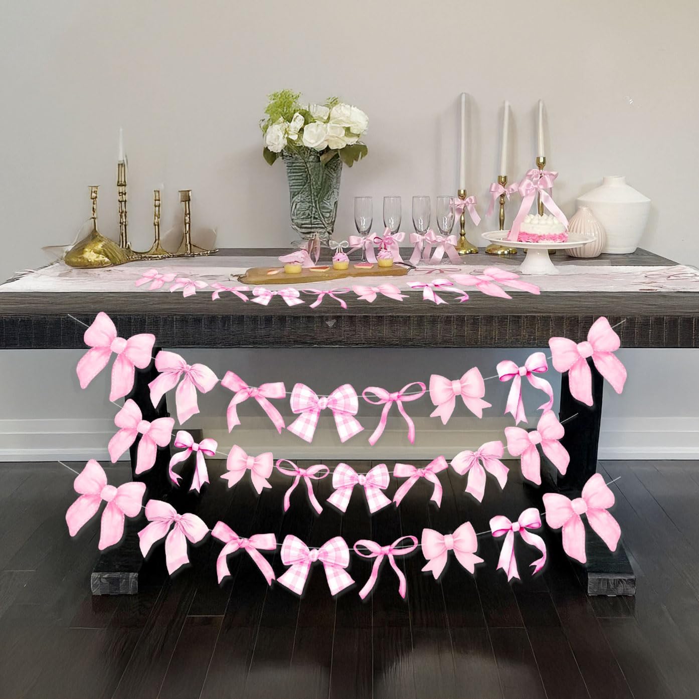 Bow Happy Birthday Banner Decoration kit for Girls 13th16th 21th 25th Birthday Bridal Shower Bachelorette Party Decor Coquette Aesthetic Galentines Theme Supplies Decorations (Checked Light Pink) image 2