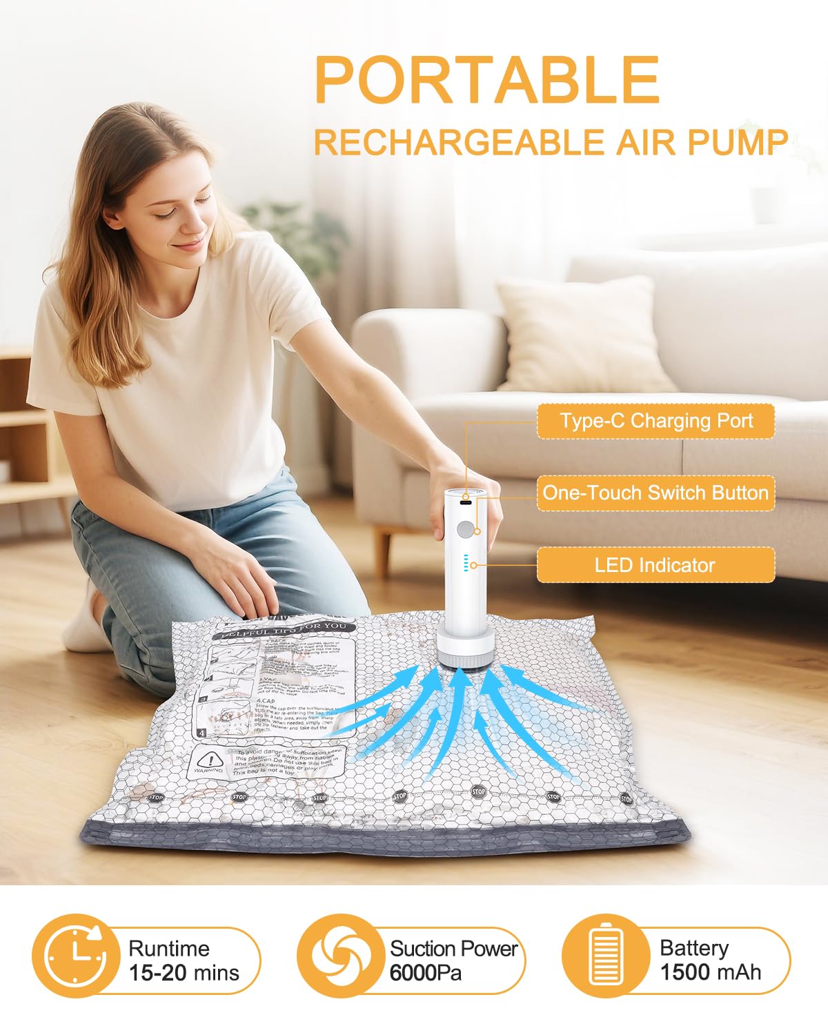 Vakuumbeutel für Kleidung Reisen, elektrische Reise-Vakuumbeutel mit Pumpe, wiederverwendbare platzsparende Beutel, Kompressions-Verpackungsbeutel für Kleidung, Bettwäsche, Kissen, Decken, 6