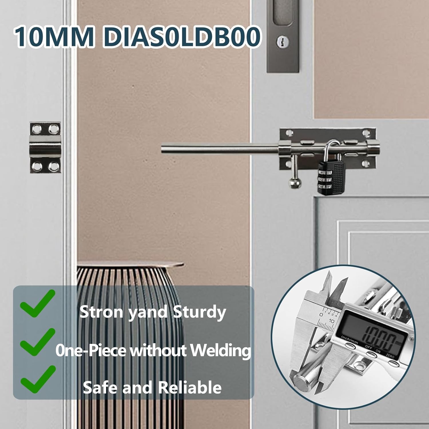 Sliding Bolt Door Latch, 201 Stainless Steel Barrel Bolt Lock, 30mm Combo Padlock Included, Heavy Duty Slide Gate Latch with 12 Screws, Silver Finish