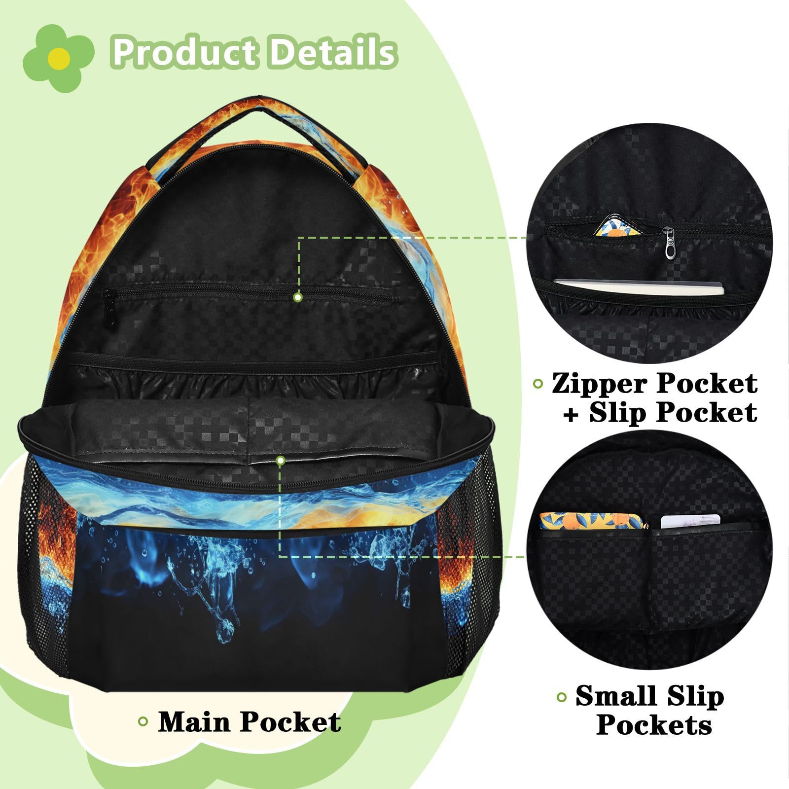 Mnsruu Zaino da viaggio per computer portatile, zaino impermeabile e leggero, per la scuola, per ragazzi, ragazze e adulti, Acqua Fuoco, M, Casual