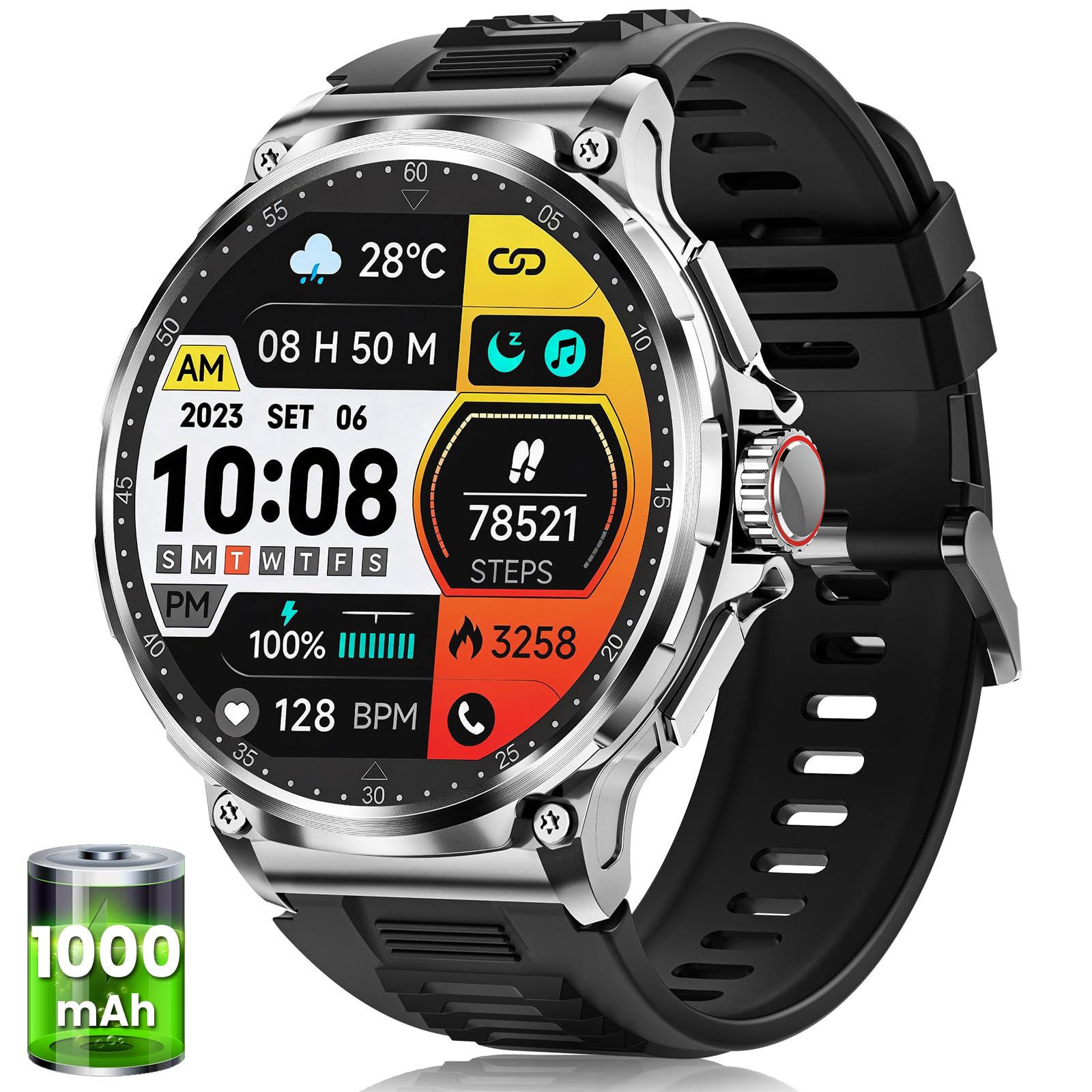 Smartwatch Uomo con 1000 mAh Batteria, 1.92" AMOLED, 5ATM Impermeabile Orologio Smart Watch Militare con Chiamate Bluetooth, 120+ Modalità Sportive, Frequenza Cardiaca/SpO2/Sonno, iOS Android Argento