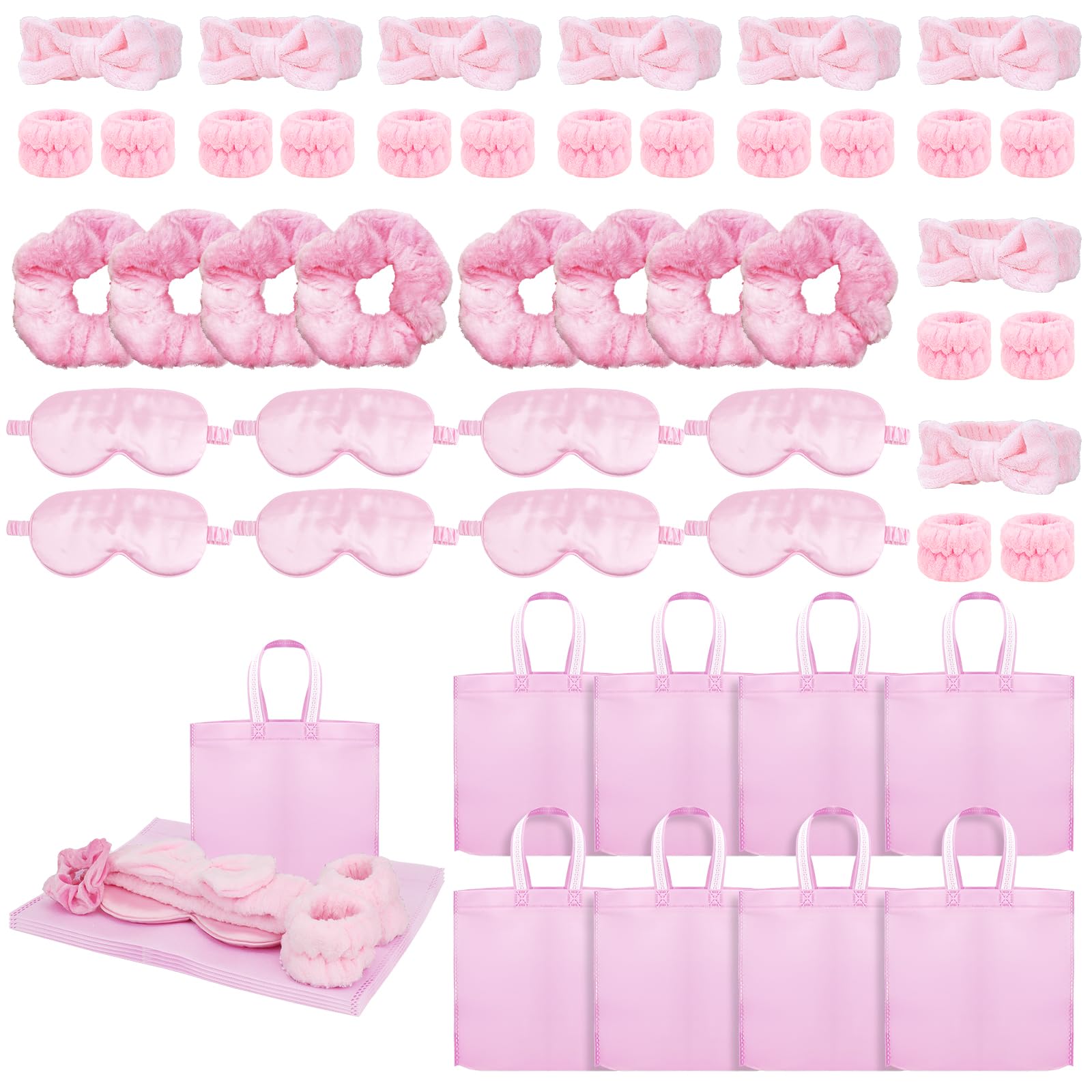 48 Pièces Kit Fête Spa Fille, Accessoires Soirée Pyjama avec Bandeaux, Bracelets, Masques de Sommeil, Chouchous et Sacs, Cadeaux Invités Anniversaire Enfant (Rose, Taille Unique)