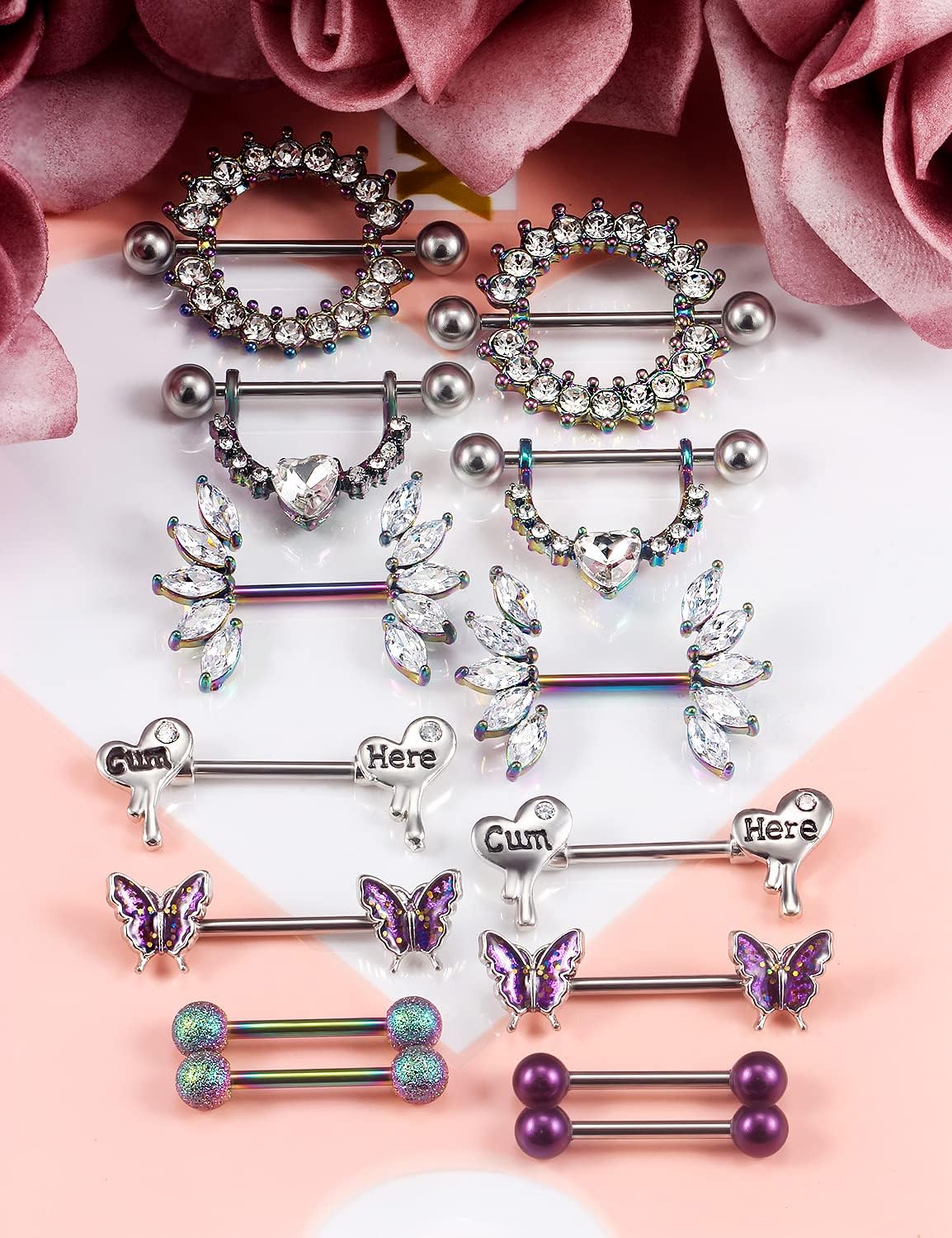 Cisyozi Butterfly Nipple Rings 14G Nipple Piercing Jewelry Stainless Steel Nipple Tongue Ring Barbell Piercing Jewelry for Women 14mm Silver Black Purple Rose Gold 7Pairs - Image 2