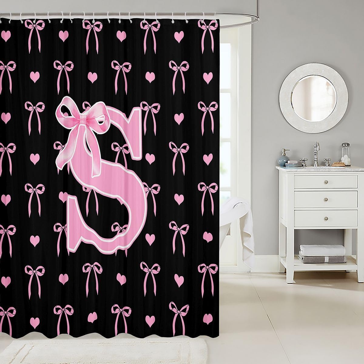 Feelyou Bow Shower Curtain for Bathroom Decor Black Pink Bow Bath Curtain Bowknot Bathroom Accessories Kawaii Waterproof Polyester Fabric Personalized Initial S for Stalls Bathtubs 72"x72" image 2