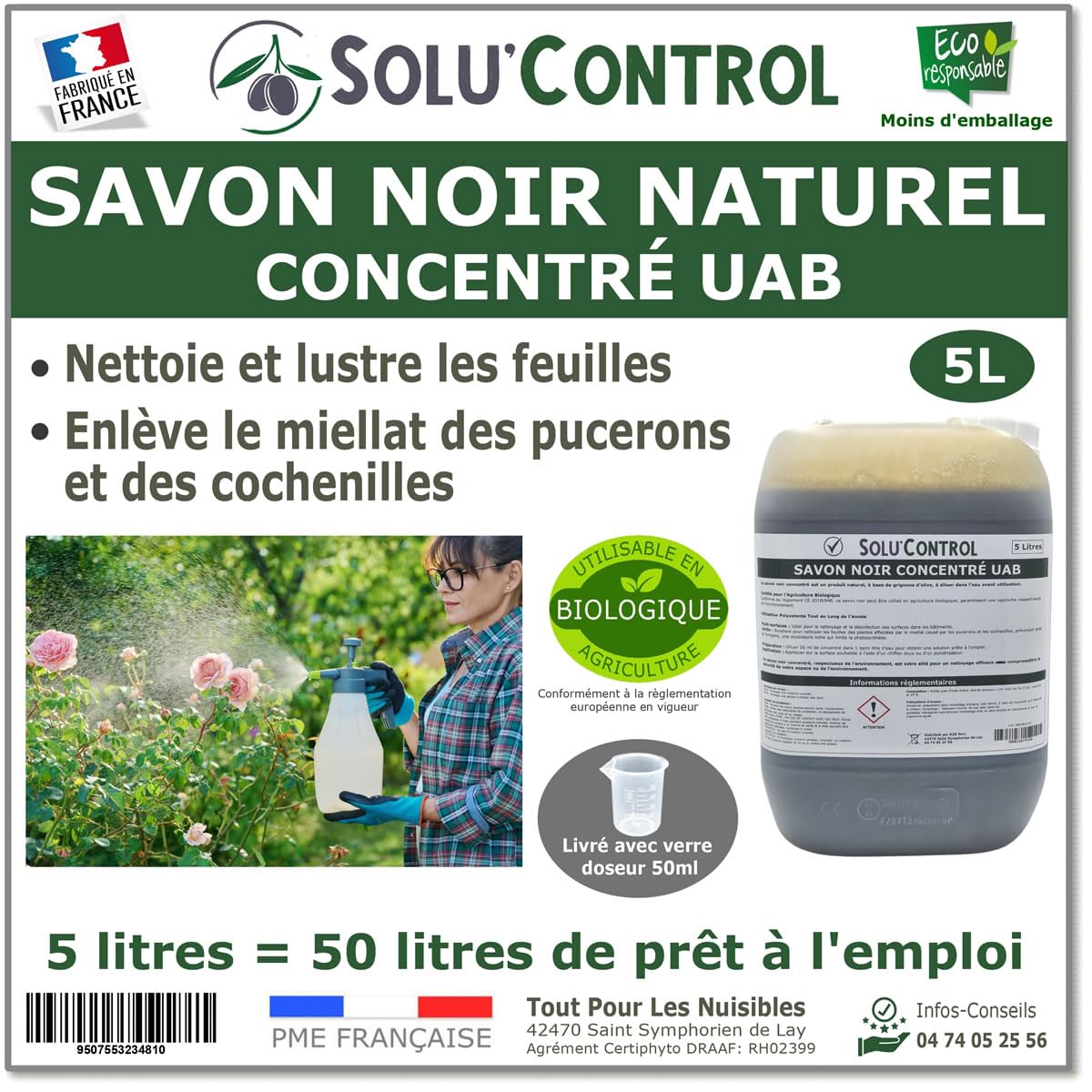 Savon Noir Naturel Concentré UAB Solu'Control, 5 litres, Nettoyant Feuilles et Enlève Miellat - pucerons - cochenilles