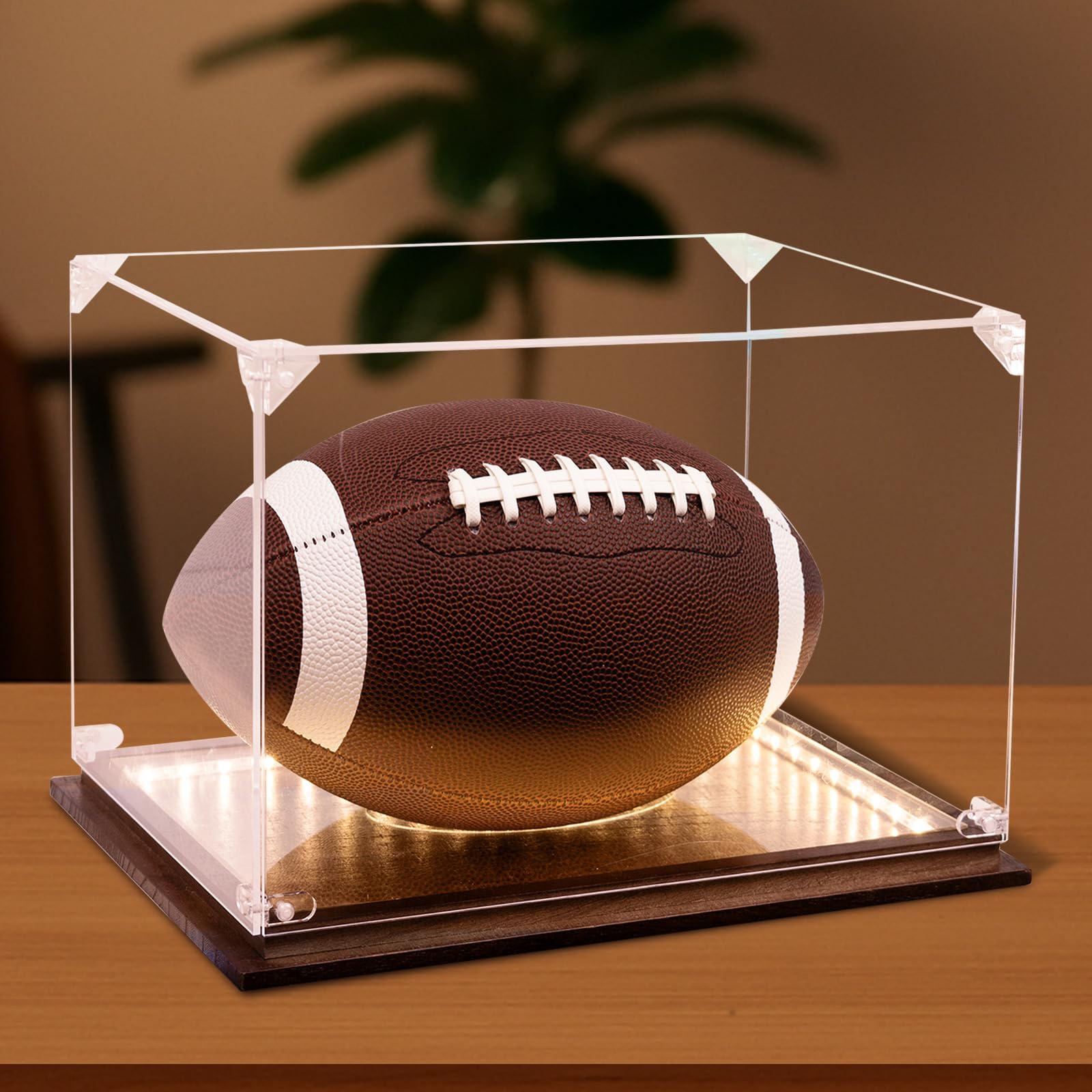 Football Display Case with LED Light, Football Cases for Signed Football, Walnut Base Stand Cases for Autographed Balls & Collectibles Black