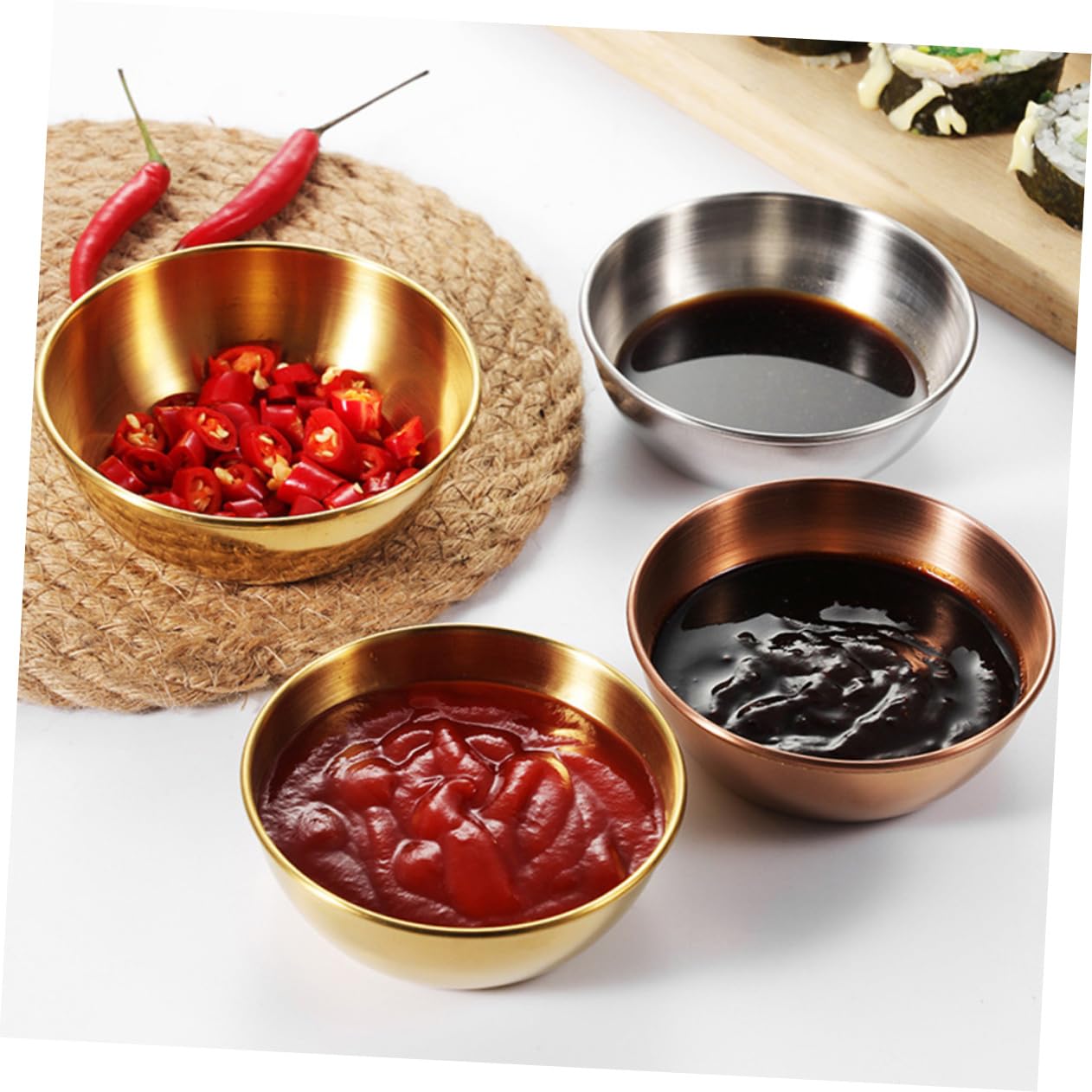 Unomor 2sets Stainless Steel Plate Mini Appetizer Plates Round Tray Dipping Sauce Dishes Sauce Cups Mini Condiments Tasting Dishes Sushi Dipping Bowls Soy Sauce Bowls Small Dipping 4pcs*2