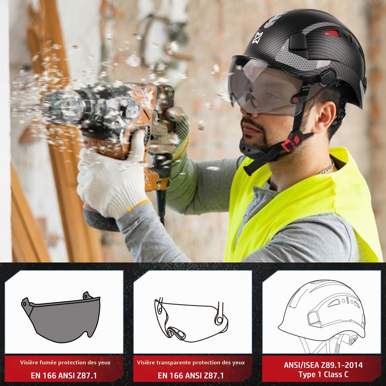 HEARMOR Casque de sécurité, casque de protection, certifié ANSI Z89.1 et EN397, léger, respirant, avec suspension à 6 points, parfait pour les champs industriels et de construction