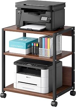 3-Tier Printer Stand with Storage, Adjustable Shelves, Lockable Wheels, Stable Steel Frame for Home & Office Rustic Brown & Black