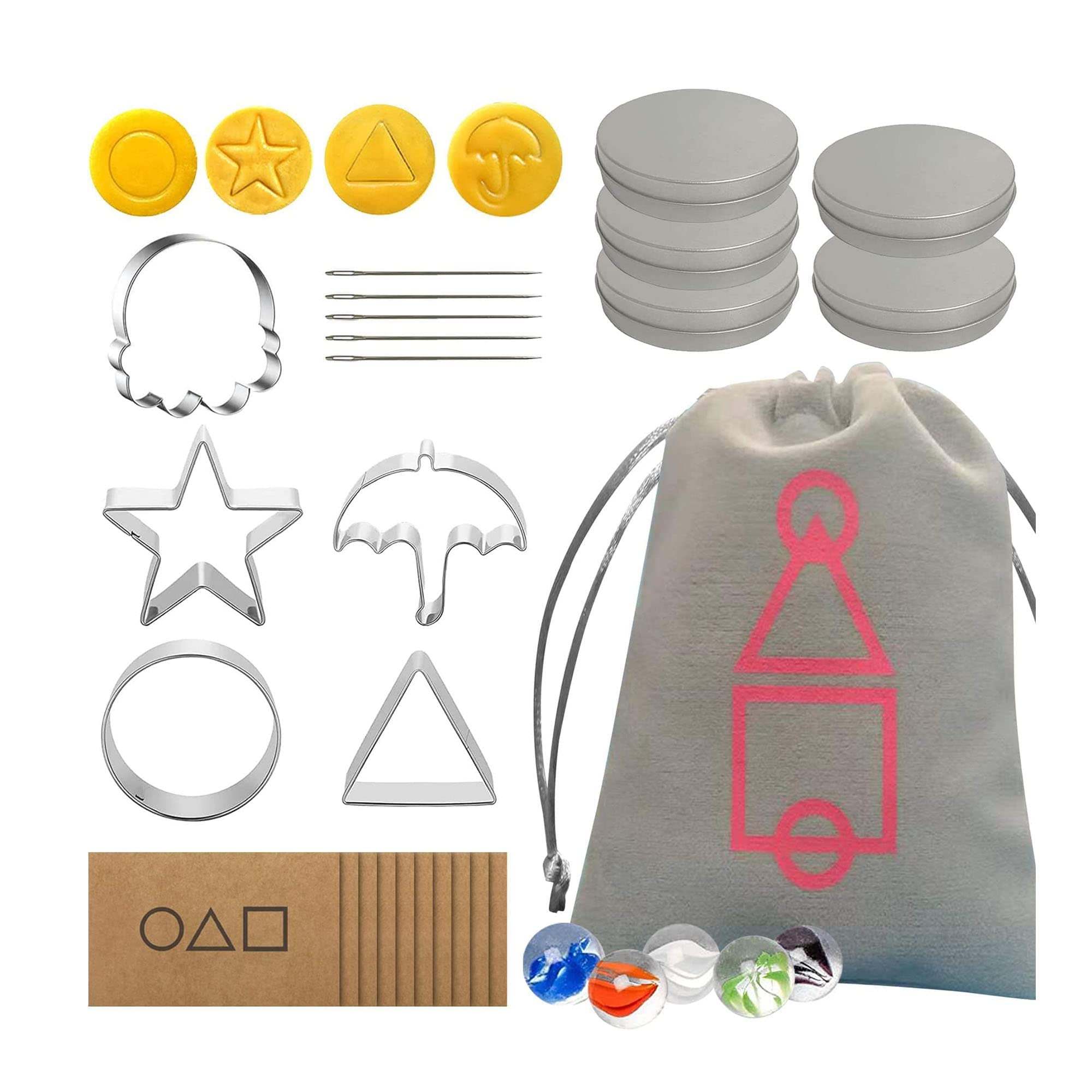 Amazon.com: Squid Game DIY Cookie Cutter Bundle w/ Marble Game and  Invitation Cards | Perfect for Creating Your Own Game at Home with Friends  | 5 Cookie Cutters, 2 Bags, 10 Marbles