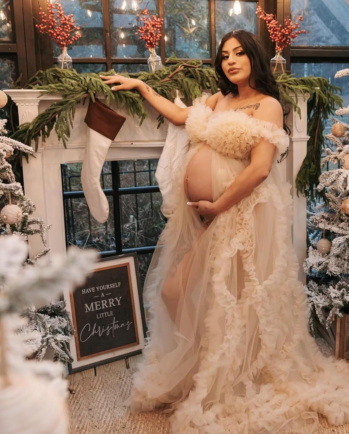 Tulle Off Shoulder Maternity Dresses for Photoshoot Puffy Ruffles Babyshower Gown Long for Women 2026
