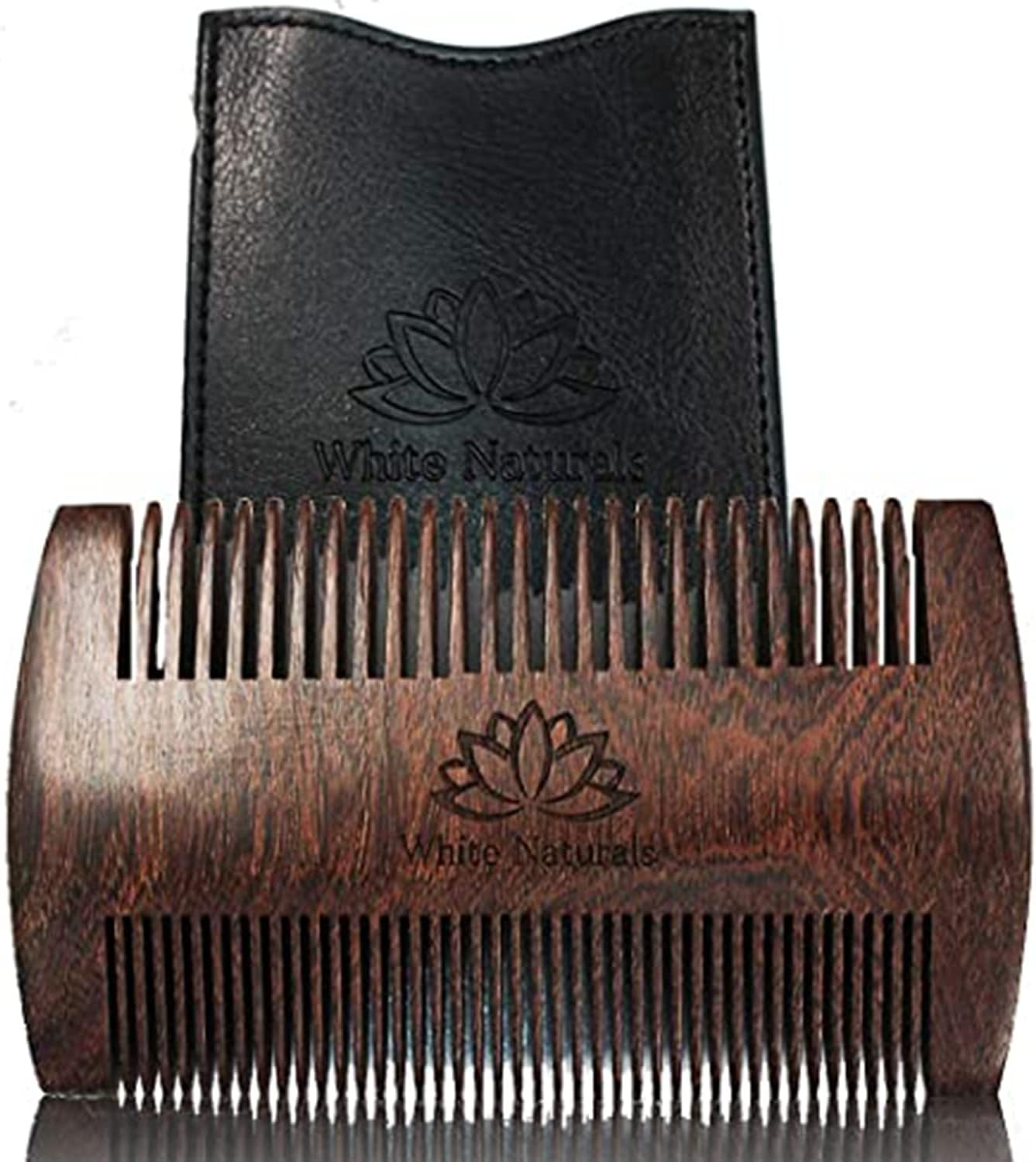White Naturals Beard Comb for Men, Wooden Natural Sandalwood, Fine Dual Action Teeth, Handmade Premium Sandal Wood, Perfect for Balms and Oils, Includes PU Leather Case, Pocket Size