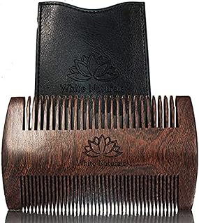 Beard Comb for Men, Wooden Natural Sandalwood, Fine Dual Action Teeth Beard Comb, Handmade Premium Sandal Wood, Fine & Coarse Tooth Perfect for Balms and Oils, Includes PU Leather Case