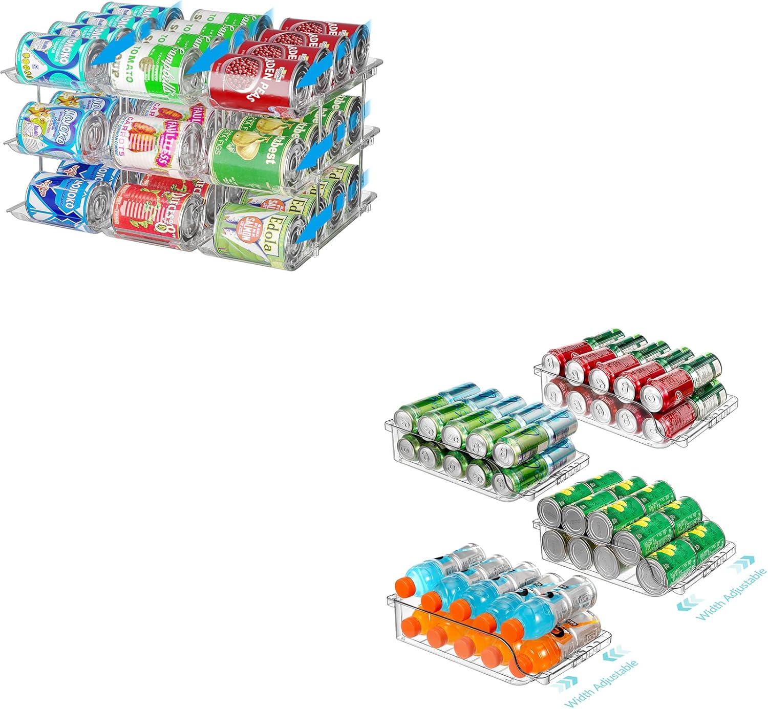 Stackable 3 Tiers Can Organizer Pantry and 4 Packs Clear Width Adjustable Soda Can Organizer for Refrigerator