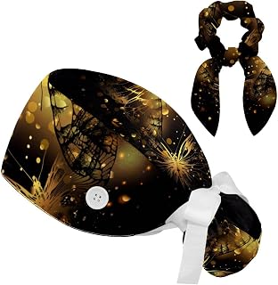 FVQL Set of 2 Bouffant Caps with Hairband Surgical Caps Scrub Cap, Abstract Golden Pattern Butterflies