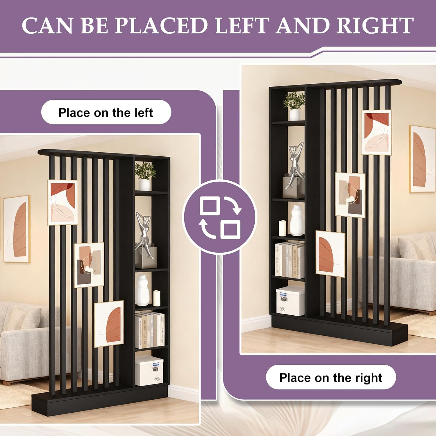 Wall Room Divider, Freestanding Wood Room Divider Shelf with Shelves, Divider Screen Separator Screen with Storage, Wall Divider for Room Separation, for Home Office (Black, 47.2x9.4x78.7in)