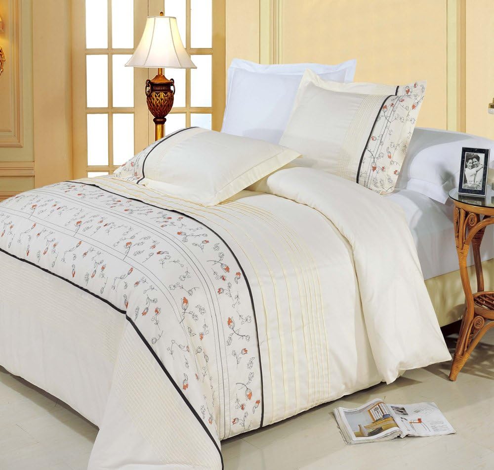 Luxurious Four (4) Piece Queen Size Anna Embroidered Comforter Set. Luxury Set Includes 100% Luxurious Egyptian Cotton 3 Piece Duvet Cover Set + 1 Piece Down Alternative Comforter