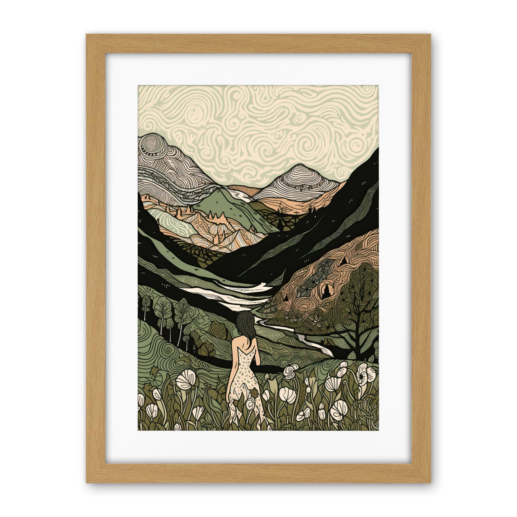 Artery8 Woman in Flower Field in Scottish Hill Landscape Artwork Framed Wall Art Print 18X24 Inch