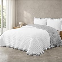 Victorio & Lucchino Elvira Two-Tone Thermo Sealed Washed Quilt with Double Frill – Includes Cushion Covers (White / Grey, Bed 135 cm)