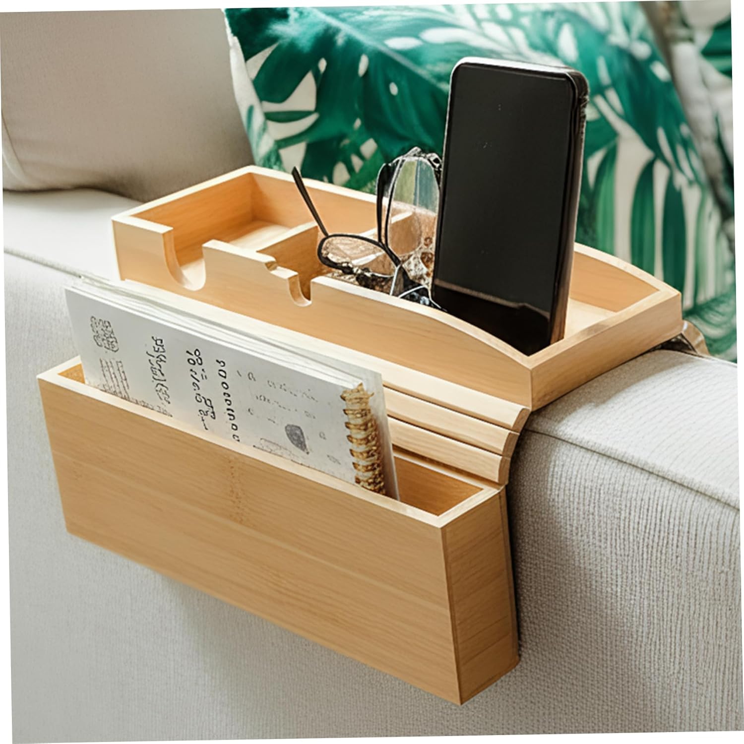 Panier de canapé pliable en bambou avec porte-gobelet