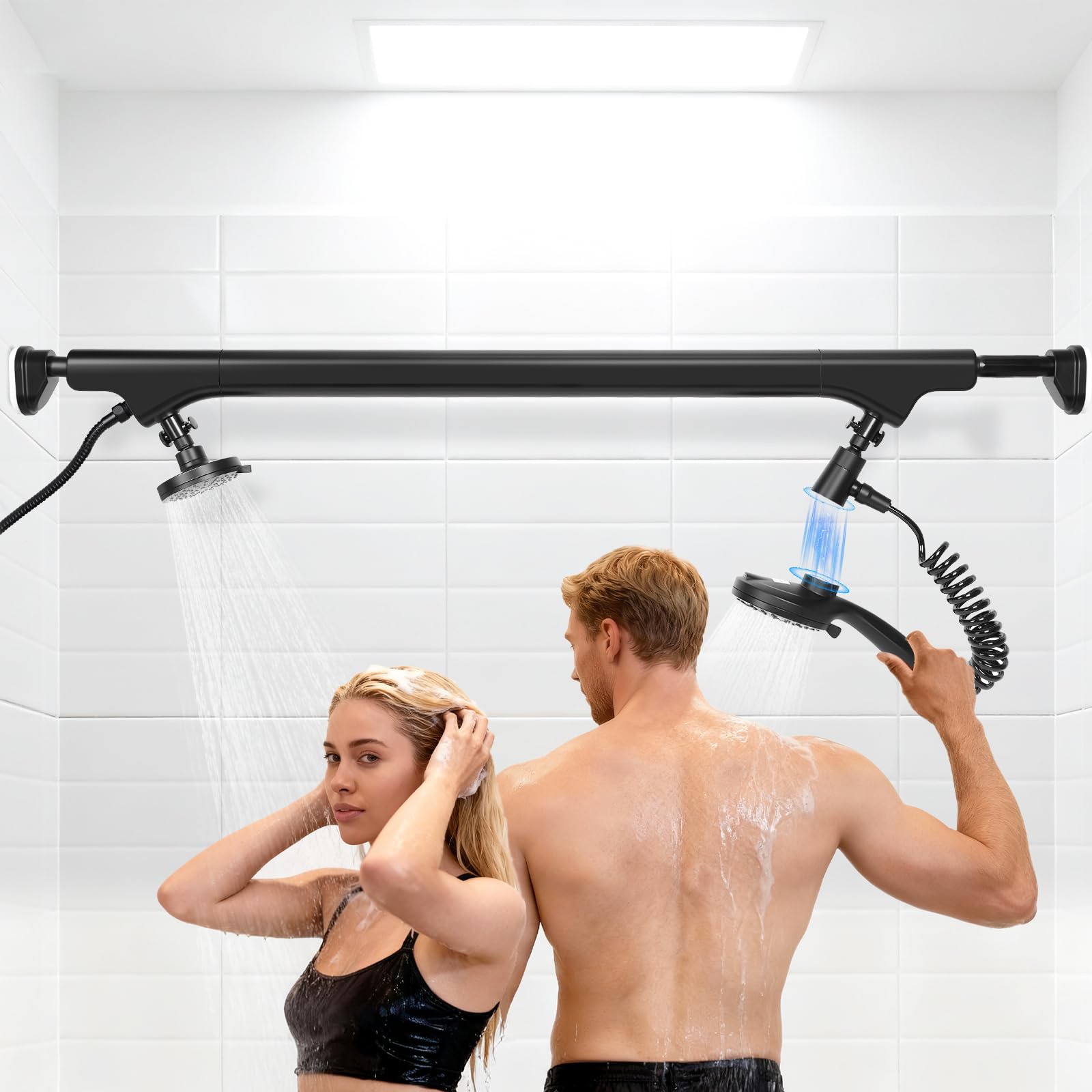 Photo 1 of [Ondaqua] High Pressure Dual Shower Head for Couples 53-78" Adjustable,10 Modes Magnetic Handheld Head & 3 Modes Anti-Clog Design Round Head(Black)