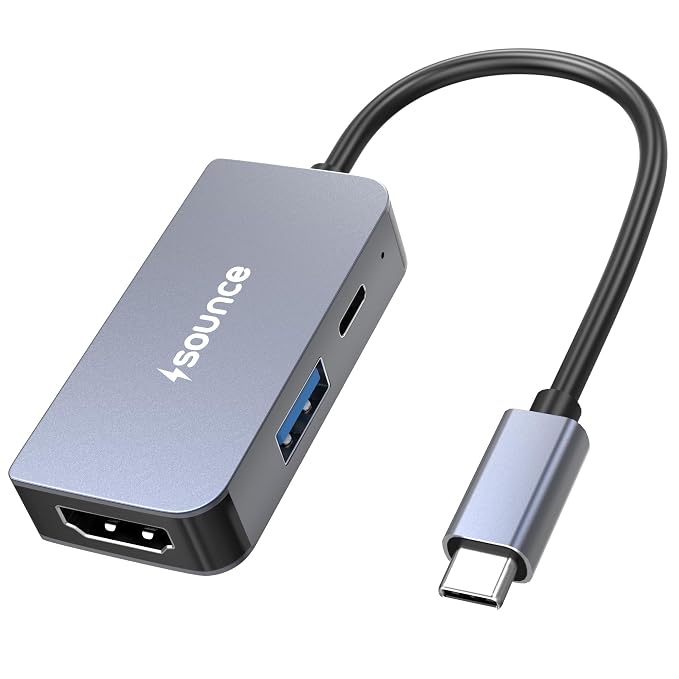 Sounce 3-in-1 Type-C to HDMI Multiport Adapter 4K@60Hz HDMI, 5Gbps USB 3.0 & 100W PD Charging Compact USB-C Hub for MacBook, Laptops, PCs & Other Type-C Devices