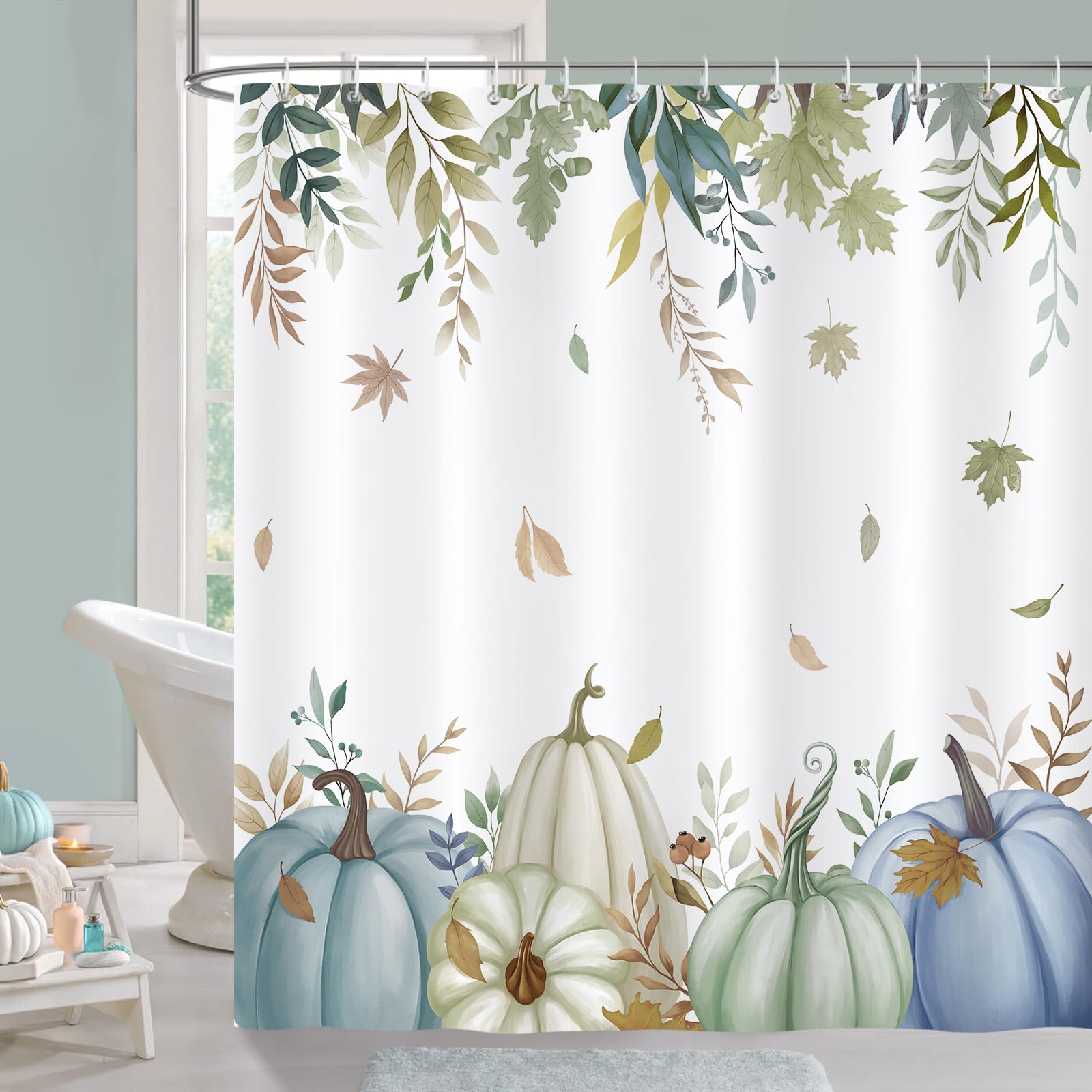 COZZSNUGE Fall Pumpkin Shower Curtain, Blue Green Pumpkins Autumn Leaves Thanksgiving Shower Curtain Waterproof Polyester for Bathroom with 12 Hooks,