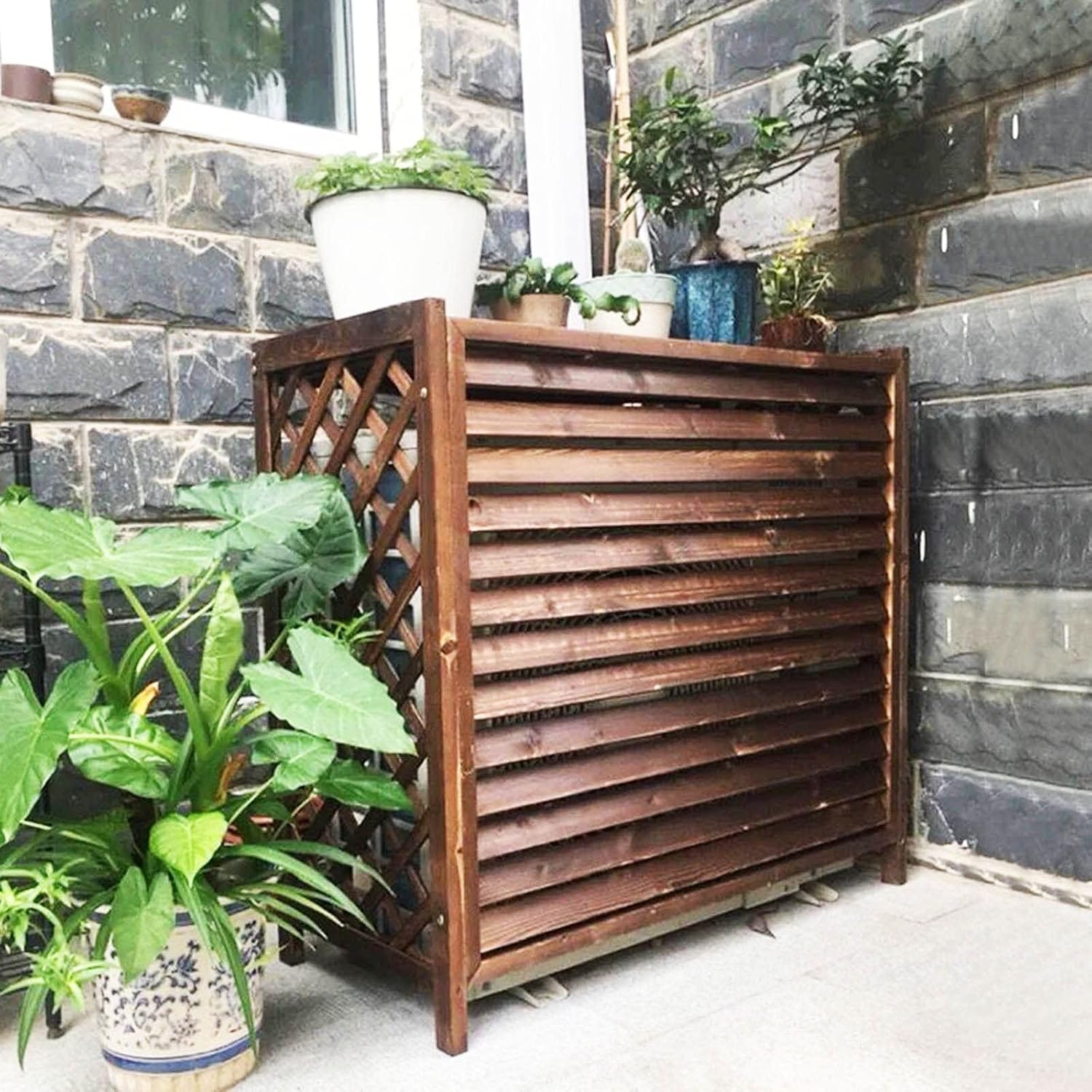 Air Conditioner Cover,Air Conditioner Fence for Outside Units, Shutter Design Radiator Cover Display Stand Plant Flower Pot, Solid Wood Air Conditioning Flower Stand - Thickened Wooden Board