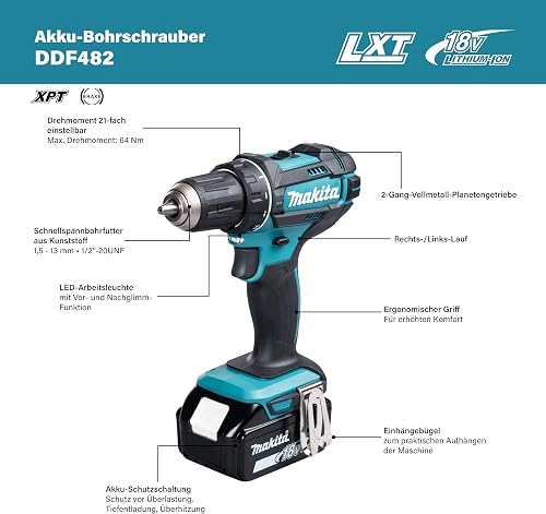 Makita DDF482RFJ Cordless Drill 18 V / 3.0 Ah, 2 Batteries + Charger in MAKPAC Black, Blue - 2