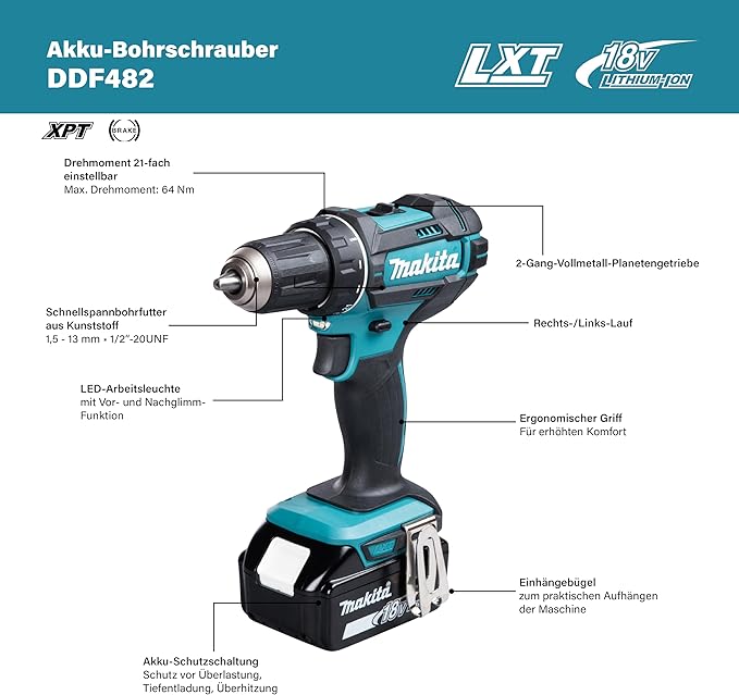 Taladro Atornillador Makita DDF482Z 18V LXT 1/2" Solo Herramienta miniatura 3