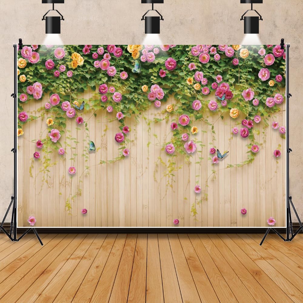 10x8ft Flower Spring Backdrops for Photography Retro Village Wooden Pink Floral Wall Wall Background Women Birthday Valentine's Mother's Day Spring Tea Wedding Banner Photo Booth