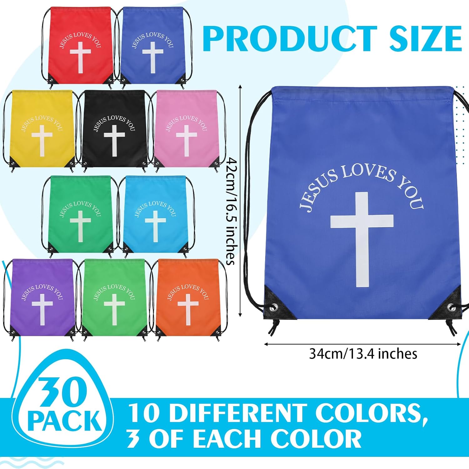 Jesus Loves You Drawstring Backpack Bulk Easter Church Gifts Christian Religious Gift Bag Polyester Backpack(Multicolor,30 Pcs) - Image 2