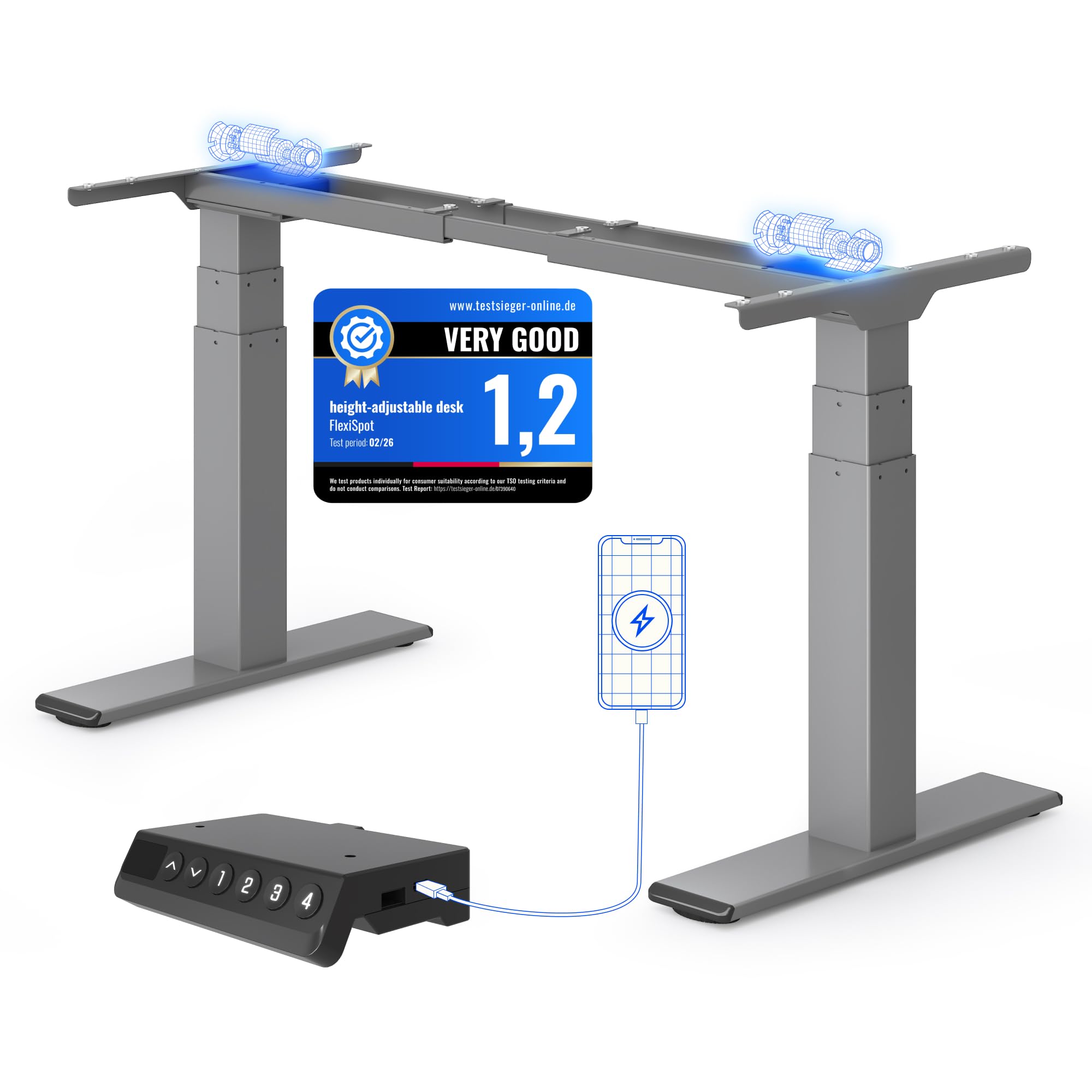 FLEXISPOT Höhenverstellbarer Schreibtisch Elektrisch Tischgestell mit 2 starken Motoren, Super Belastung 160KG, Memory-Steuerung & LED Höhenanzeige (E6 Upgrade Grau)