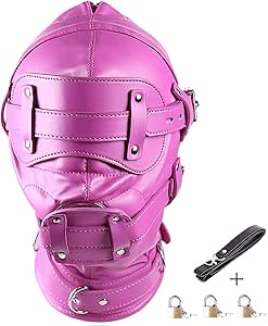 Leather Bondage Gimp Mask Hood, Full Face Blindfold Mask Hood Lockable &amp; Dildo Penis Mouth Gag Breathable Restraint Head Hood, for Unisex Adults Couples, BDSM/LGBT Fetish Hood