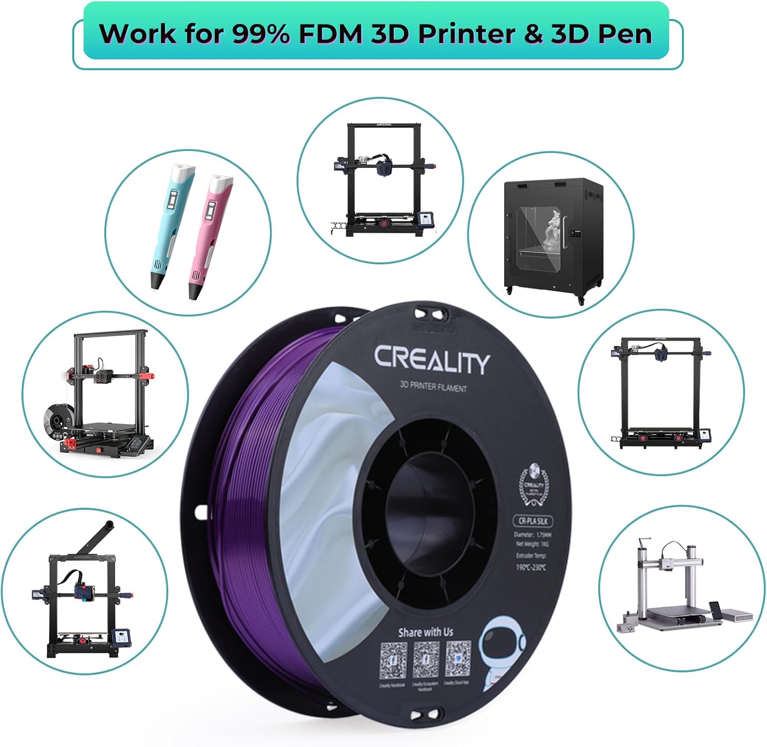 Creality Silk PLA Filament 1.75mm, PLA 3D Printer Multicolor Filament, Smooth and Delicate Silky Touch, Silk Shiny PLA Filament +/-0.02mm, 3D Printing Filament 1KG/2.2lb (Pink-Purple)