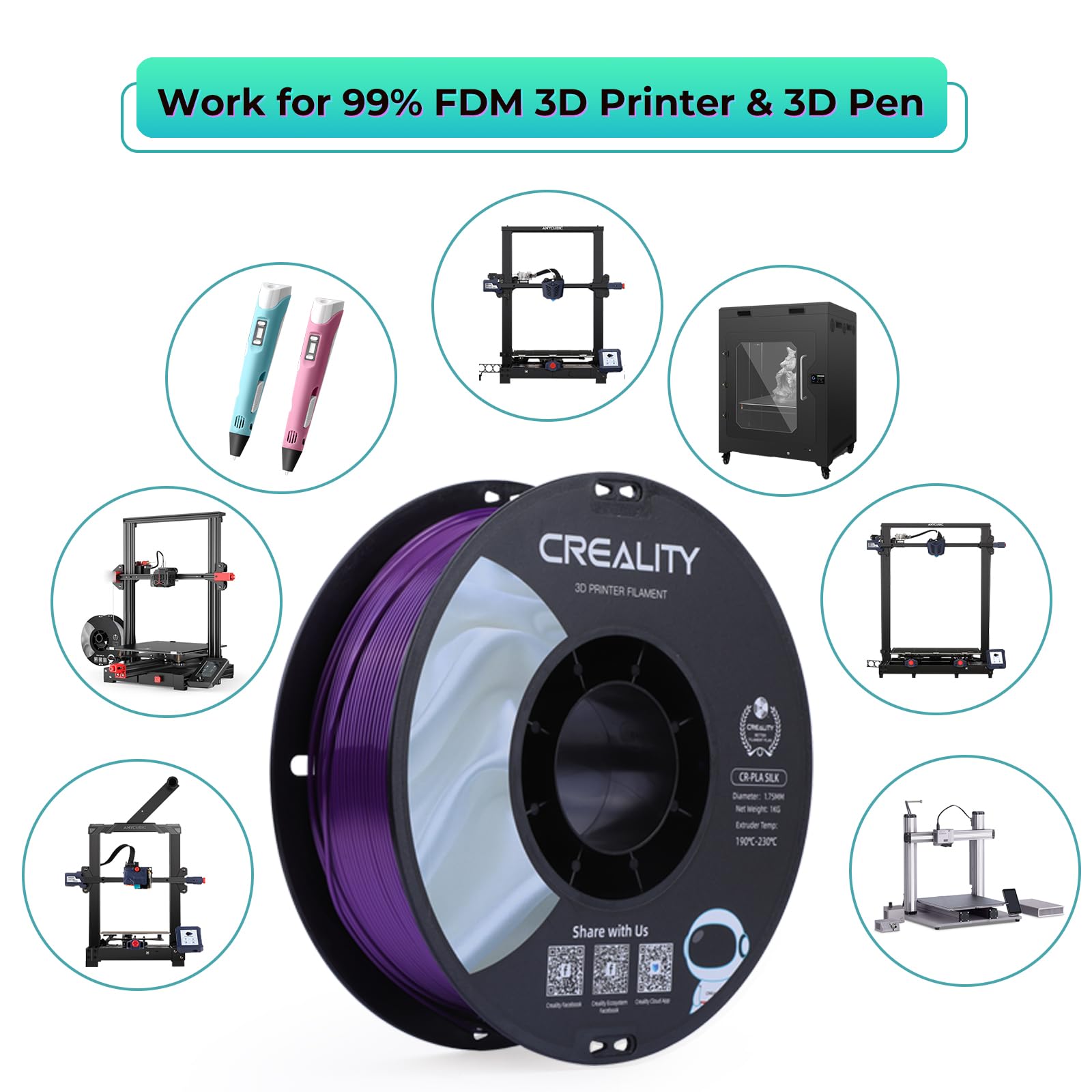 Creality PLA Filamento a Stampante 3D Printer Silk Shiny PLA Filament 1.75mm +/-0.02mm, 3D Printing Filament 1KG/2.2lb (Rosa Viola)