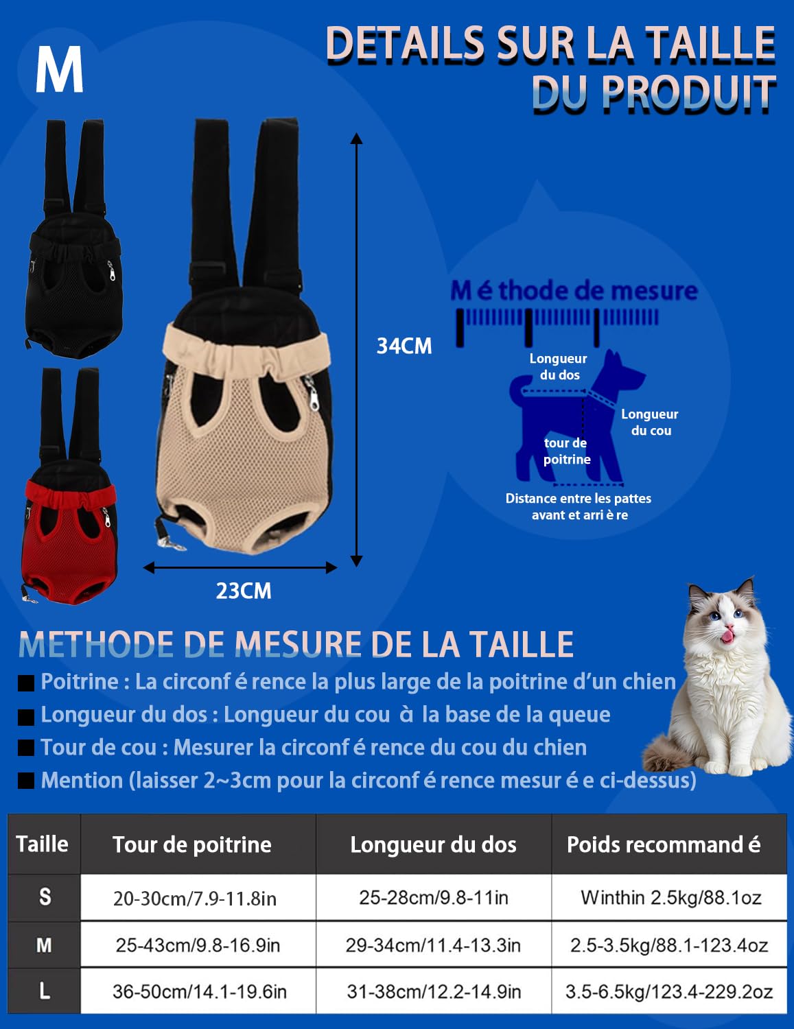 Sac Transport Chat, Sac à Dos Mains Libres à Sangle Réglable, Pas de Tension aux Epaules, Maille Respirante Porte Chat Ventral pour l'extérieur, Les Voyages, Le Métro (M-Beige)