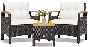 KOTEK 3 Piece Patio Furniture Set, Outdoor Conversation Set with Removable Cushions, Acacia Wood Tabletop and Armrests, PE Rattan Wicker Bistro Set for Porch, Balcony, Backyard (White)