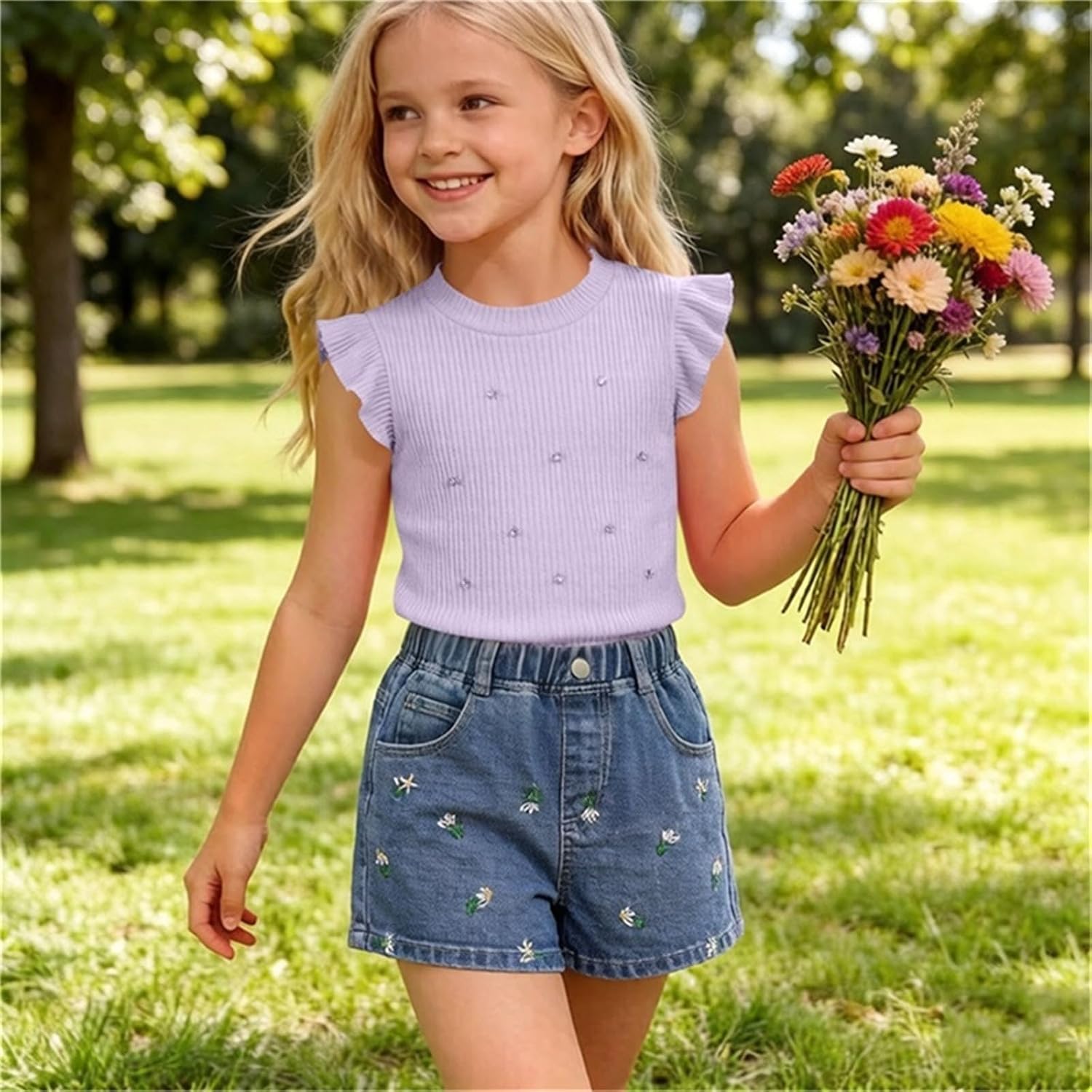 Girls Color Block Cherry Outfit Cute Sleeveless Crewneck Tank Tops High Elastic Embroidery Pleated Skirt Clothing Set