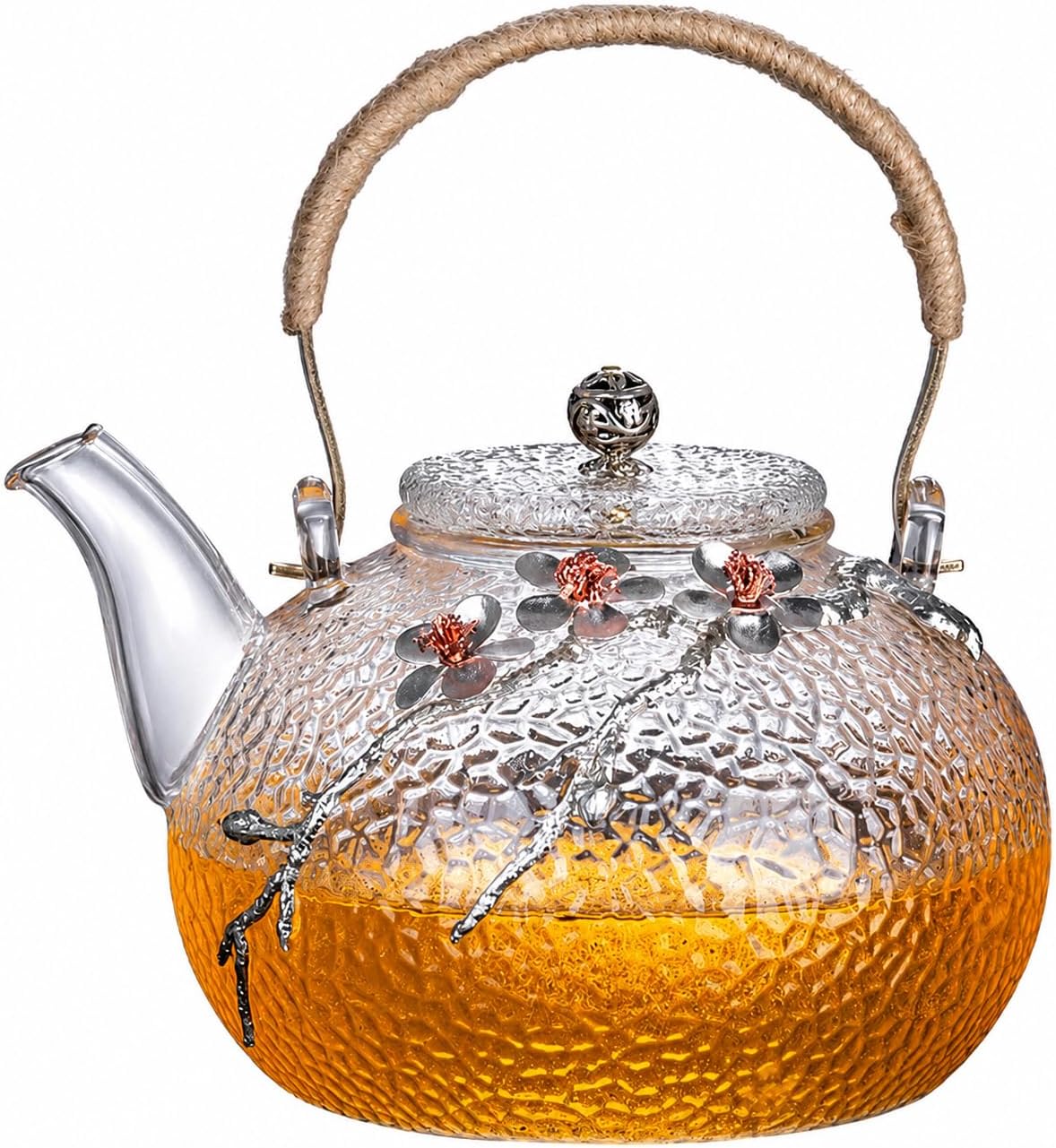 Japanese Style Hammered Glass Teapot with Plum Blossom Decor 900ml (Removable Infuser)