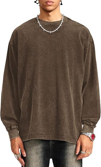 Bobeutou Vintage Oversized Crew Neck Sweatshirt for Men Long Sleeve Tshirt Basic Solid Color Tee Acid Wash Shirt Pullover Top