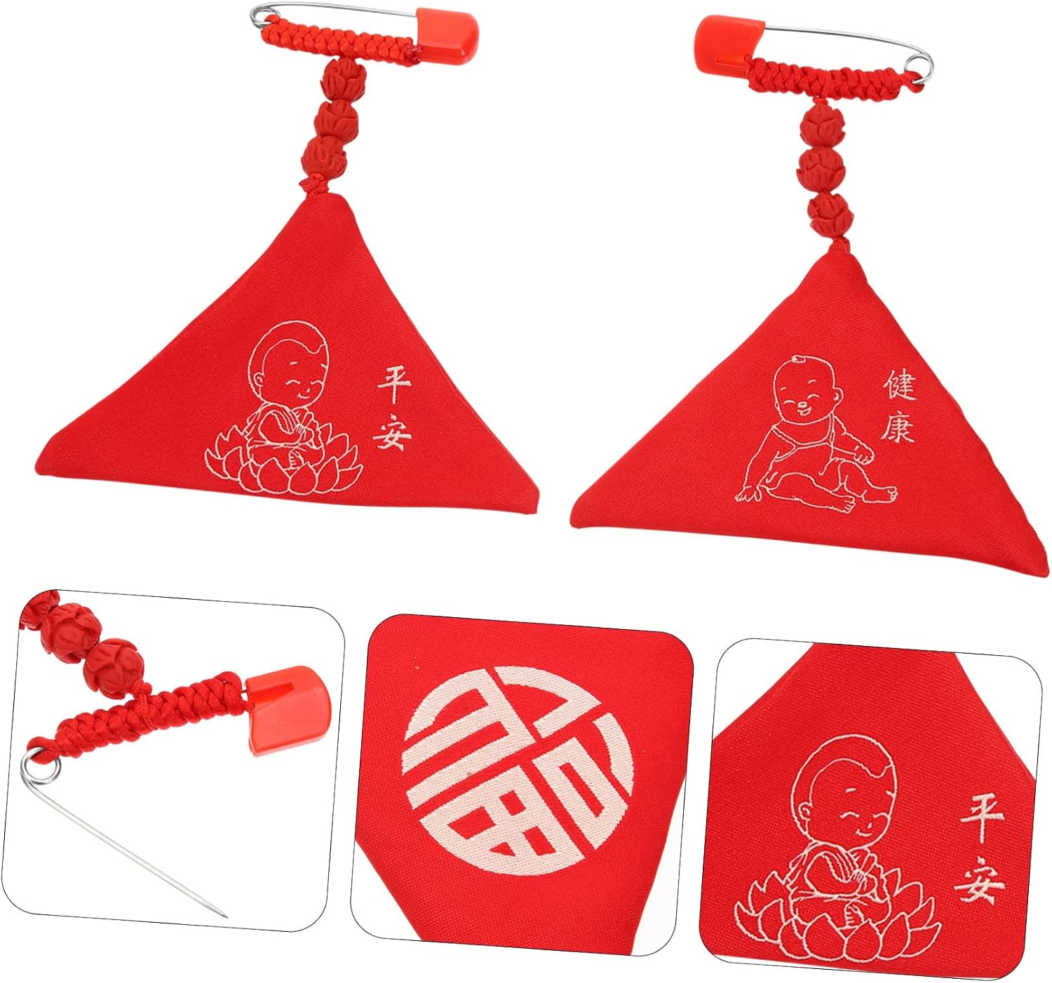 2pcs Chinese Omamori Blessing Amulet Charms Triangle Pendant Safety Pin Decorative Luck Charms for Boy Girl and Health for Boys and Girls
