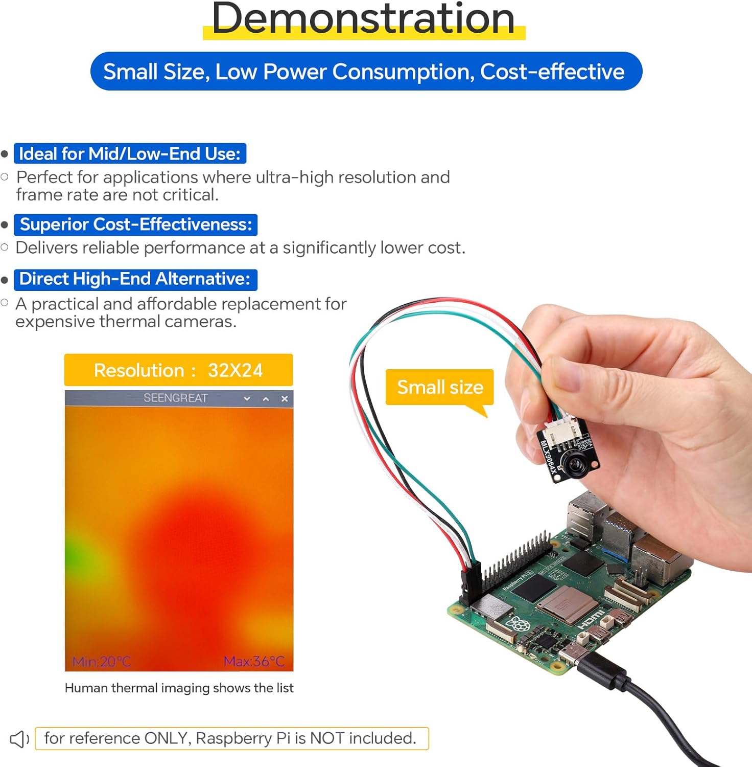 MLX90640-D55 Thermal Imaging Camera, 32x24 IR Array, I2C Interface, for Raspberry Pi, Compatible with Arduino and STM32,for Firefighting, Security Monitoring, Electrical Maintenance, HVAC, etc.