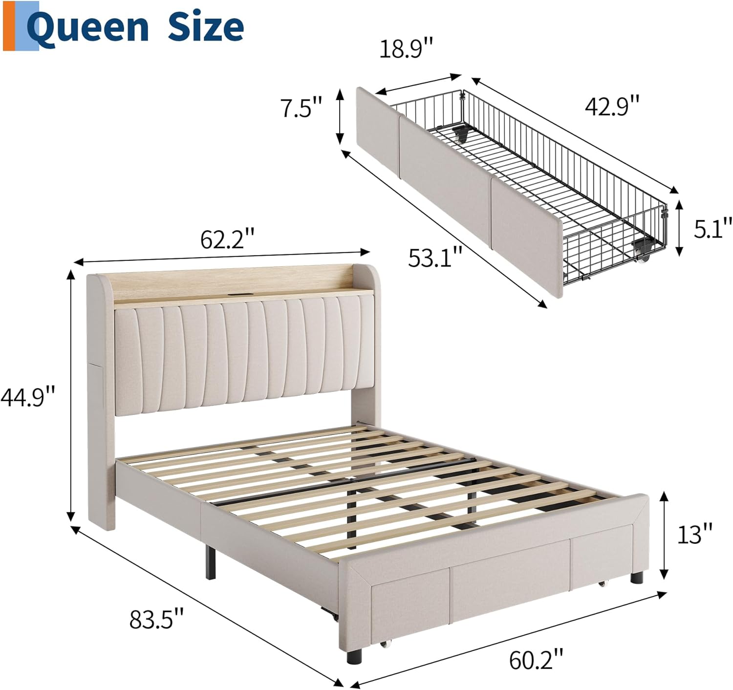 garveehome upholstered bed frame with storage headboard and charging station, platform bed frame with drawers, heavy duty, no box spring needed, easy assembly, beige, queen size beige queen