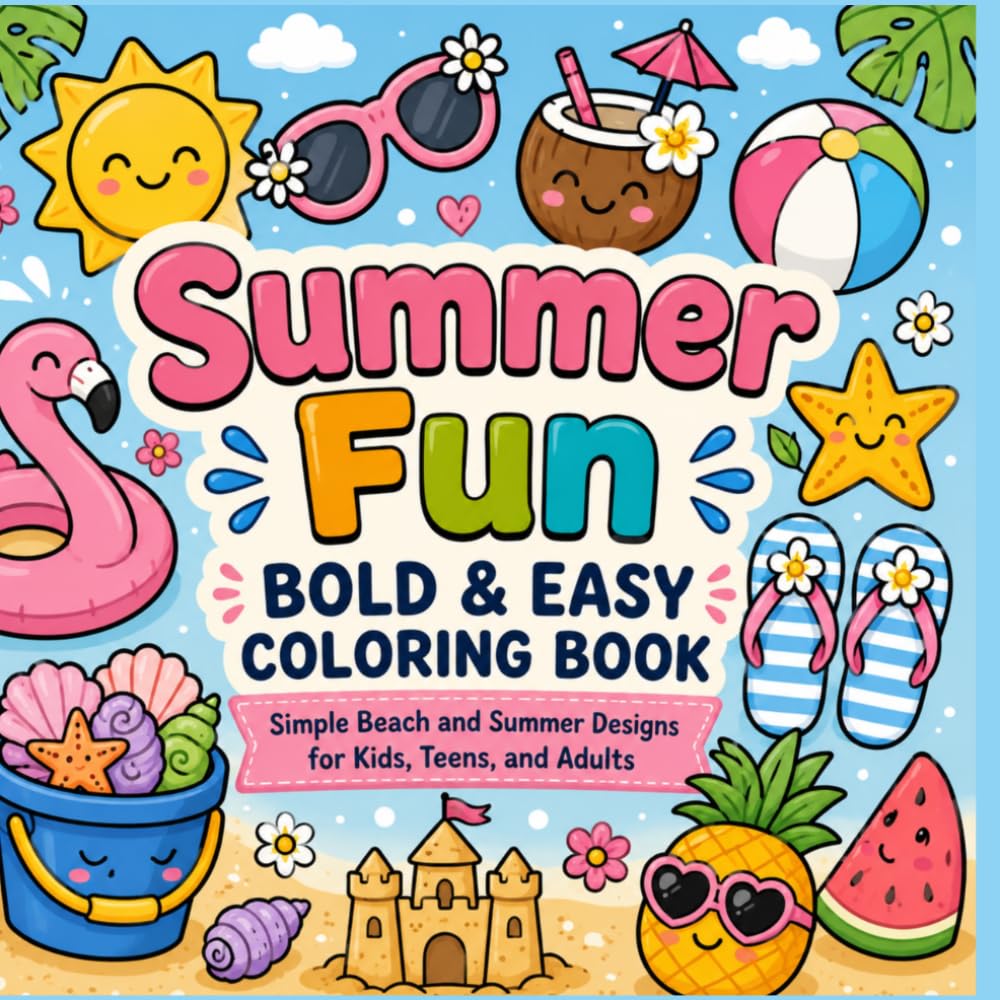 Summer Fun Bold & Easy Coloring Book: Simple Beach and Summer Designs for Kids, Teens, and Adults